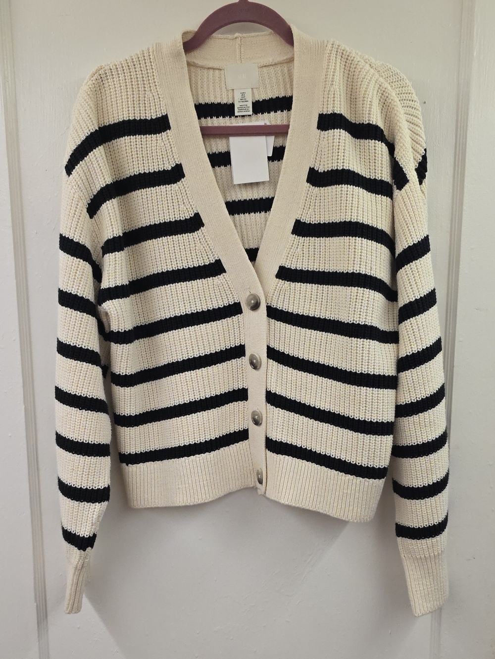 H&M Loose-Fit Rib-Knit Cardigan in Cream/Black stripe NWT Size Small